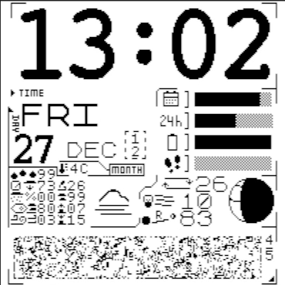 InkWatchy's InkField face showing the time (13:02), date (Friday, December 27), and weather conditions