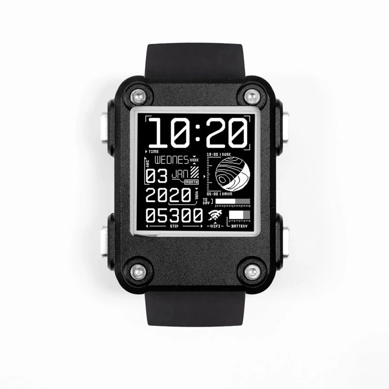 Watchy v2 with a black, anodised aluminum case and a silicone strap