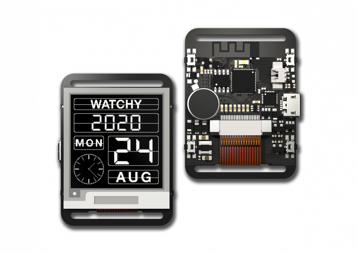 Official Watchy render from SQFMI shwoing two Watchy boards, with one on the left showing the E-Ink screen attached and the one on the right showing the board components