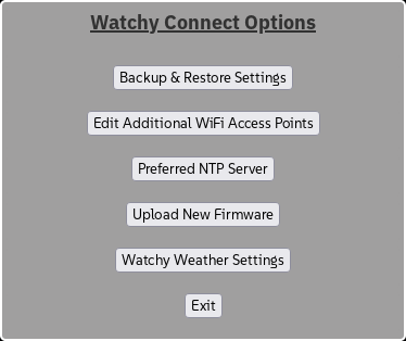 Watchy GSR configuration web UI showing buttons for Backup and Restore Settings, Edit Additional WiFi access points, Preferred NTP server, Upload New Firmware, Watchy Weather settings, and Exit