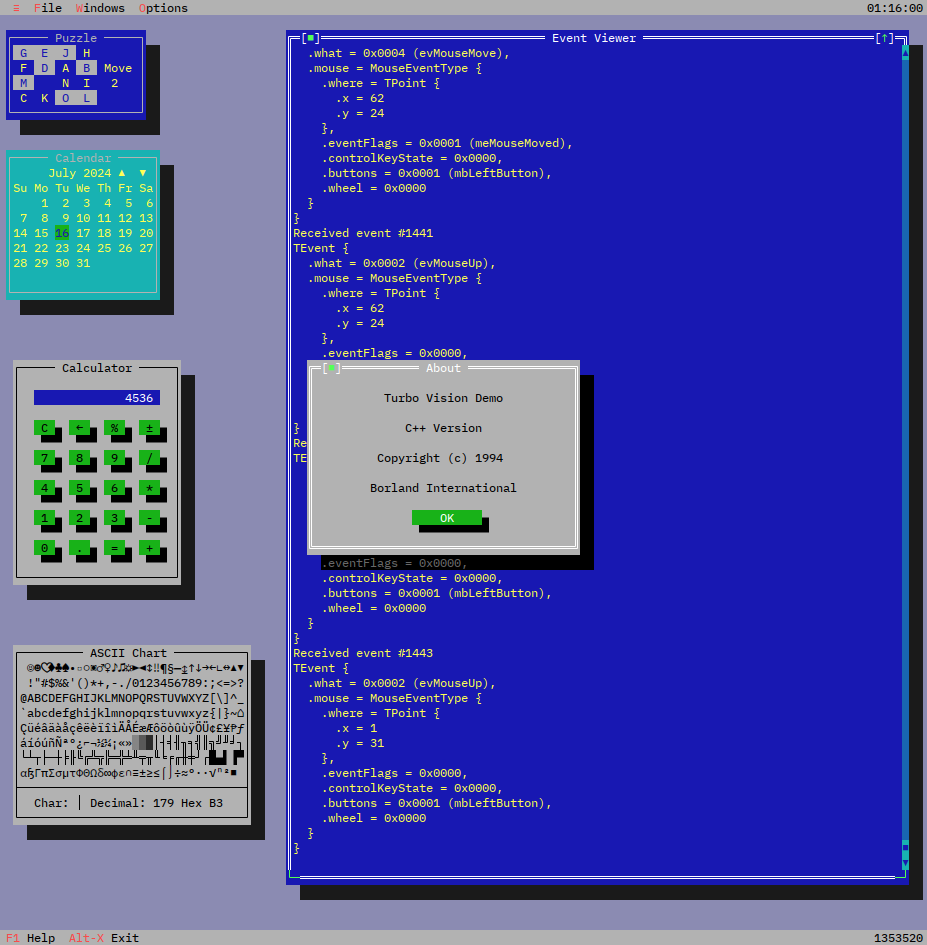 tvdemo showing a puzzle, calendar, calculator, ASCII chart, event viewer, and an about dialog with the original Borland International copyright