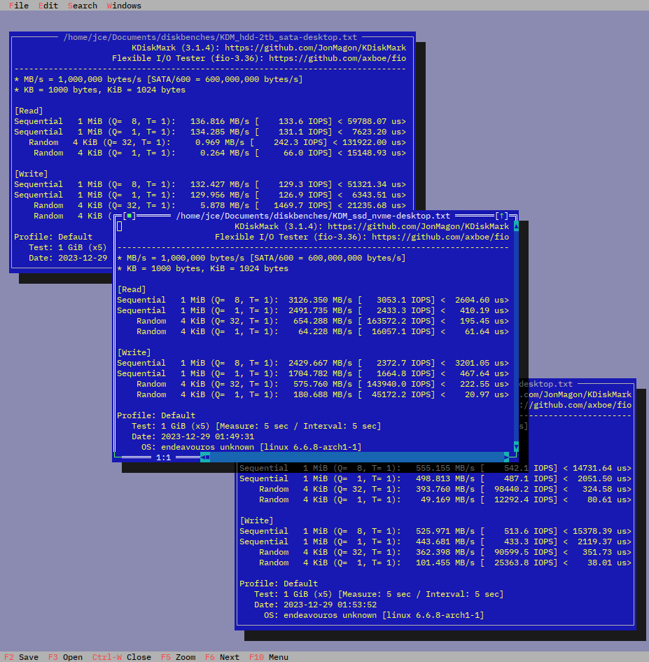 tvedit with three KDiskMark benchmark results files open